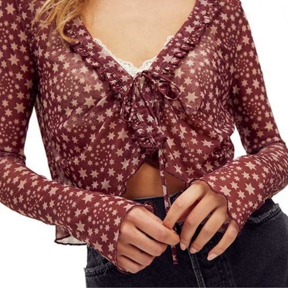 Free People Sheer Star Print Tie-Front Top - Size Small - Picture 2 of 4